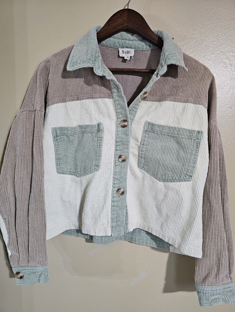 BiBi Corduroy Colorblock Shacket Jacket Sage Cream Taupe Button Front S
